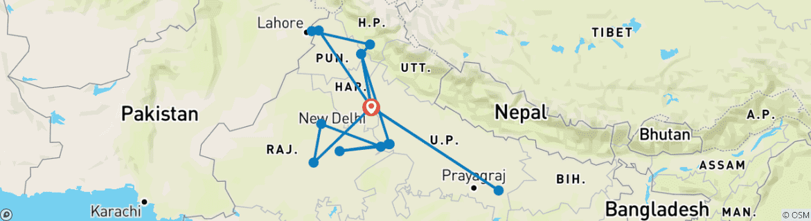 Image of a map showing the route of the tour