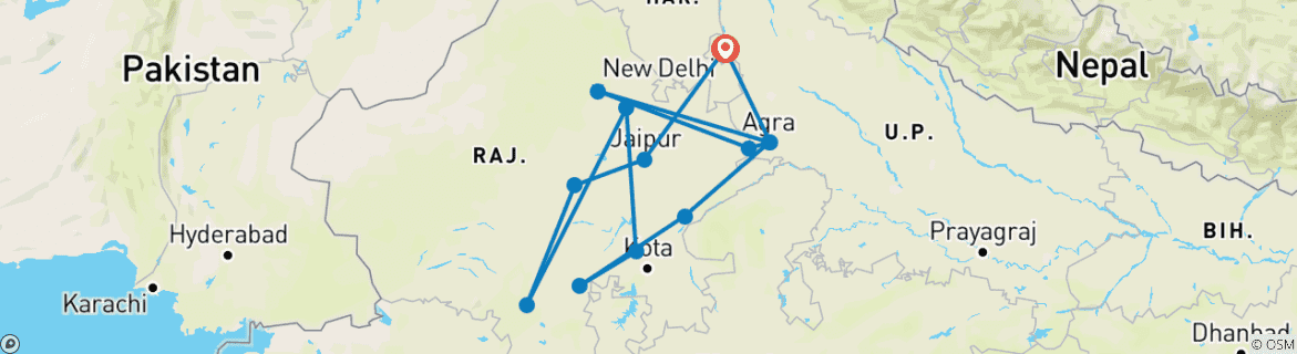 Image of a map showing the route of the tour