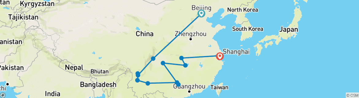 Image of a map showing the route of the tour