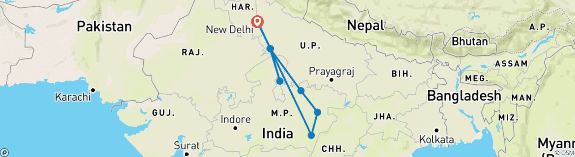 Image of a map showing the route of the tour