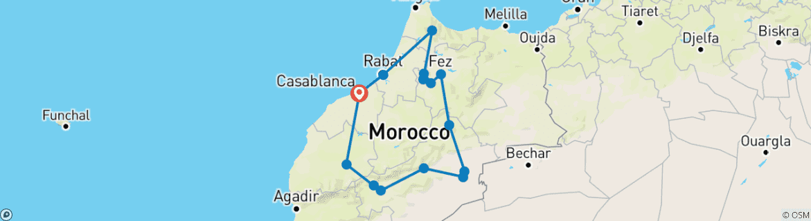 Image of a map showing the route of the tour