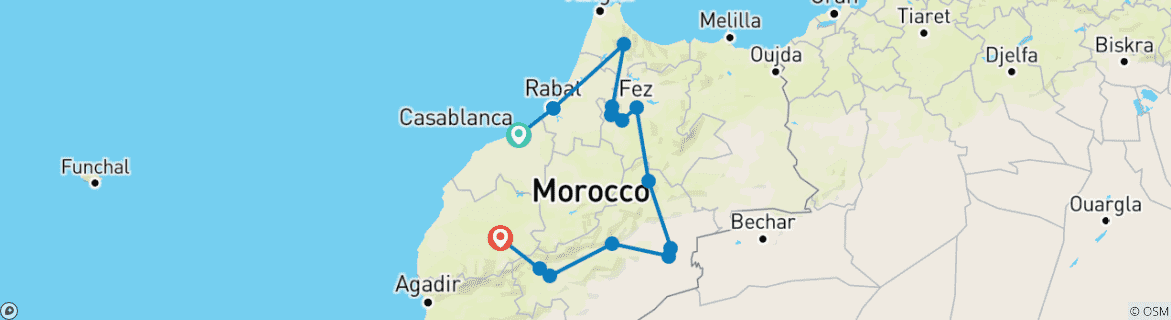 Image of a map showing the route of the tour