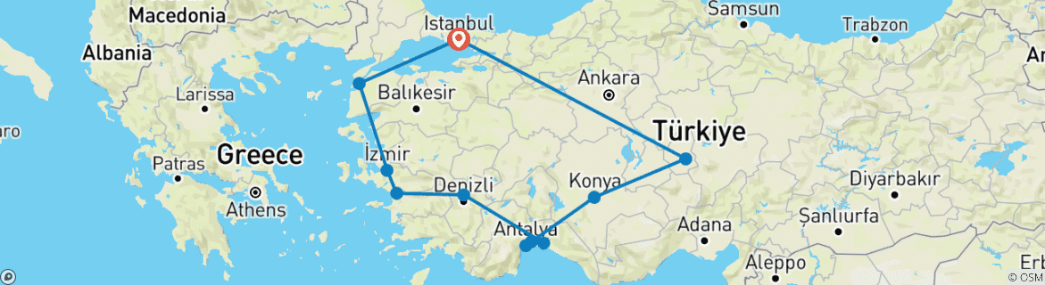 Image of a map showing the route of the tour