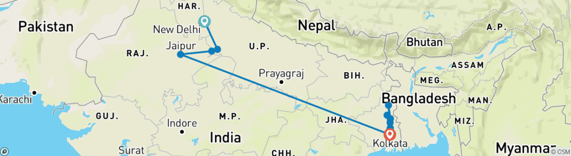 Image of a map showing the route of the tour
