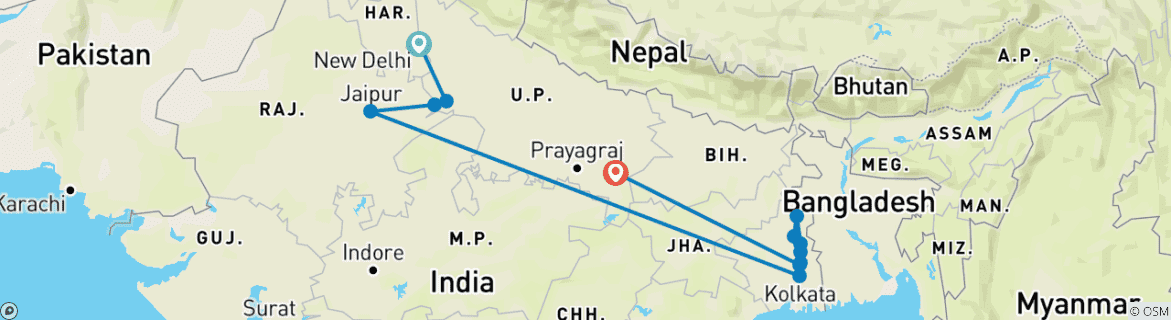 Image of a map showing the route of the tour