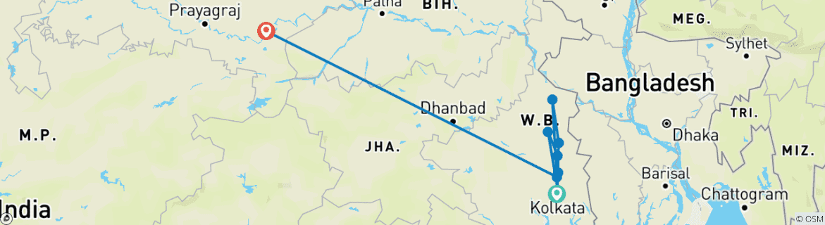 Image of a map showing the route of the tour