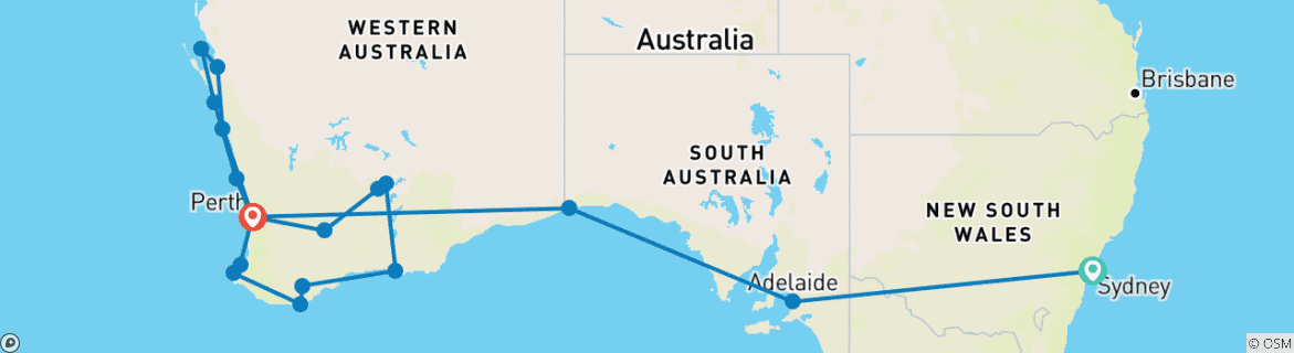 Image of a map showing the route of the tour