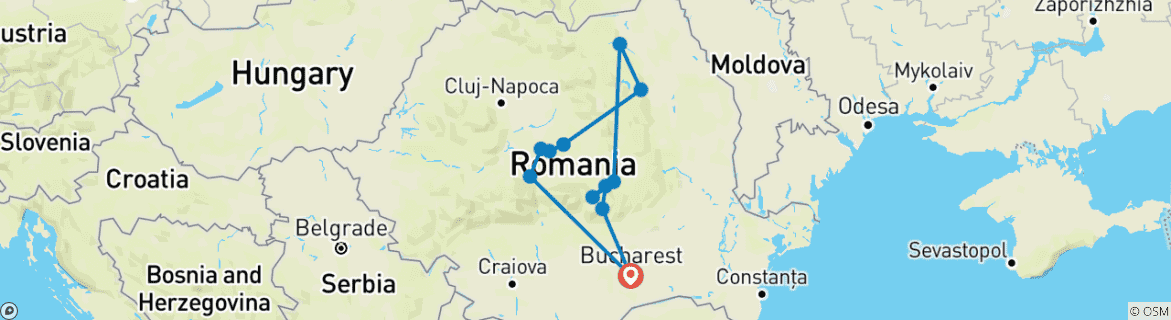 Image of a map showing the route of the tour