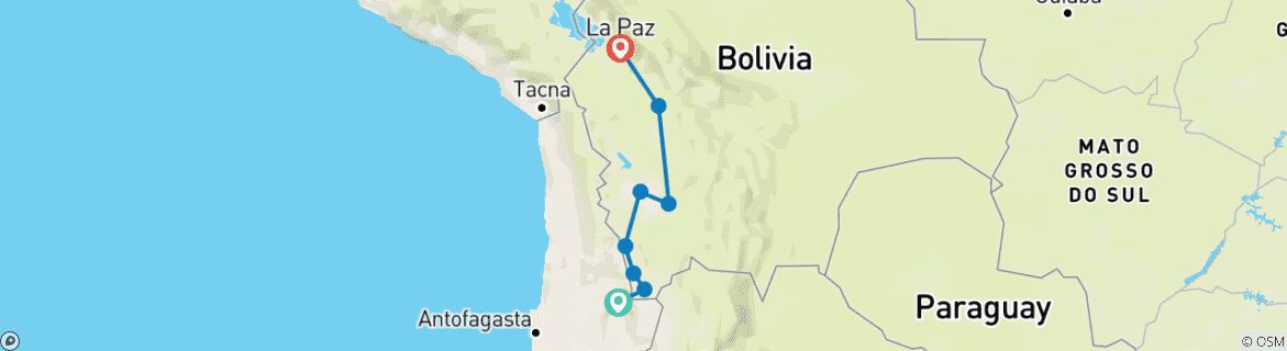 Image of a map showing the route of the tour