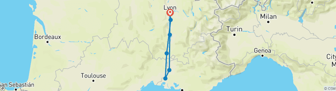 Image of a map showing the route of the tour