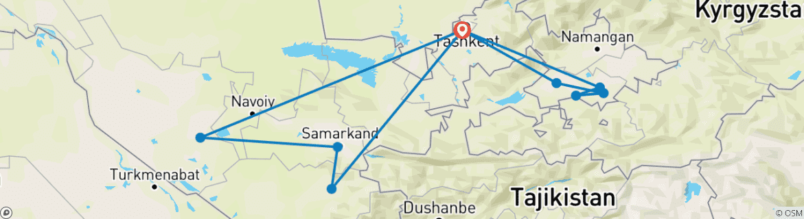 Image of a map showing the route of the tour