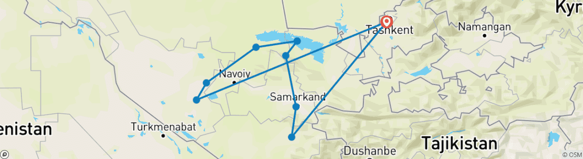 Image of a map showing the route of the tour