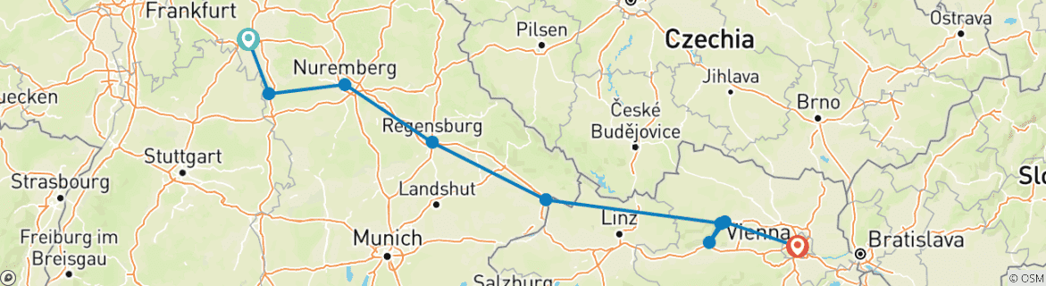 Image of a map showing the route of the tour