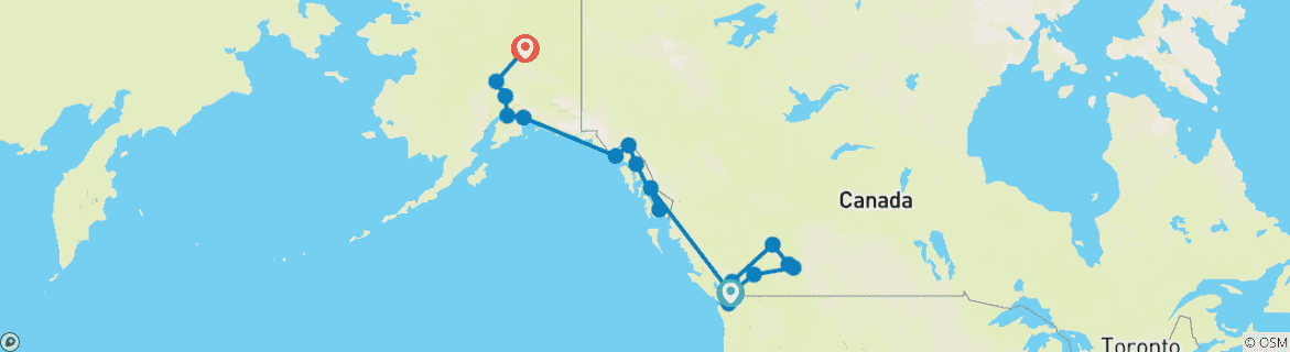 Image of a map showing the route of the tour
