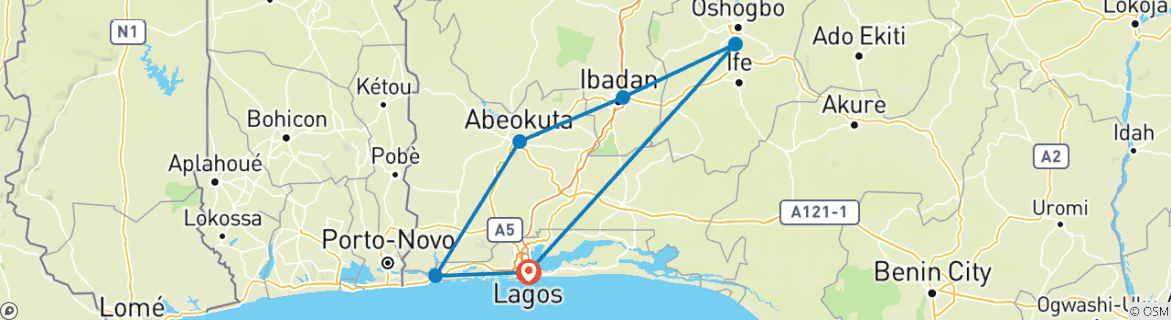 Image of a map showing the route of the tour