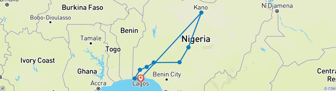 Image of a map showing the route of the tour
