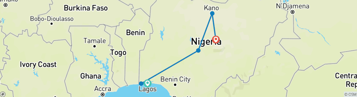 Image of a map showing the route of the tour