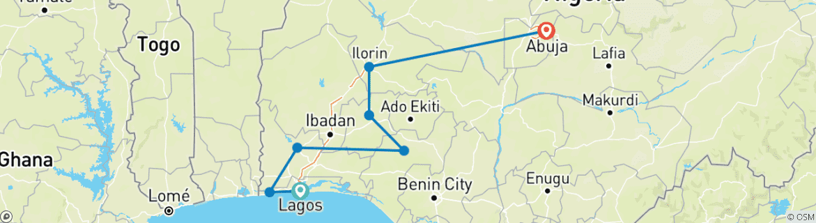 Image of a map showing the route of the tour