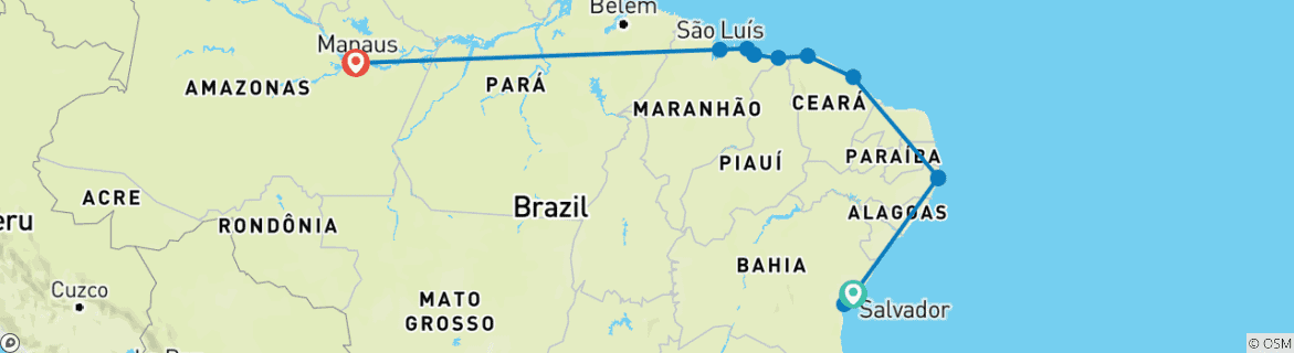 Image of a map showing the route of the tour
