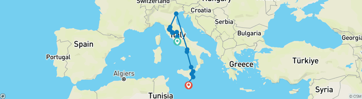 Image of a map showing the route of the tour