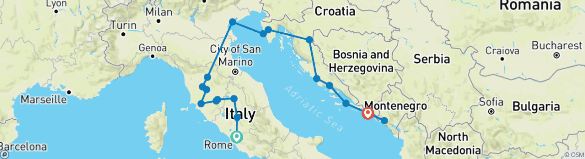 Image of a map showing the route of the tour