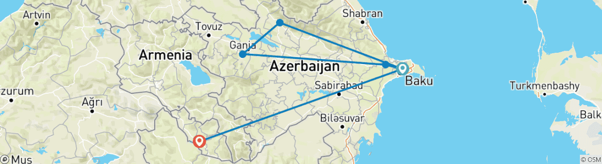 Image of a map showing the route of the tour