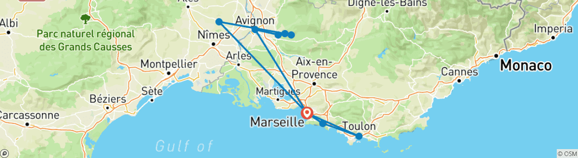 Image of a map showing the route of the tour