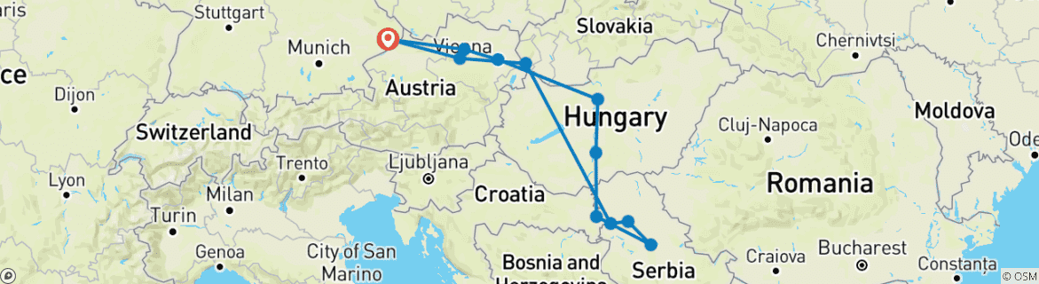 Image of a map showing the route of the tour