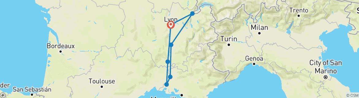 Image of a map showing the route of the tour