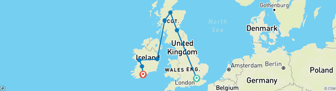 Image of a map showing the route of the tour