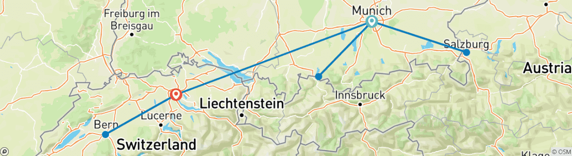 Carte du circuit 7 jours en train à Munich et Zurich : Rêves alpins et charmes bavarois