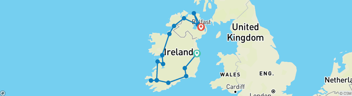 Image of a map showing the route of the tour