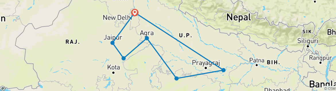 Image of a map showing the route of the tour