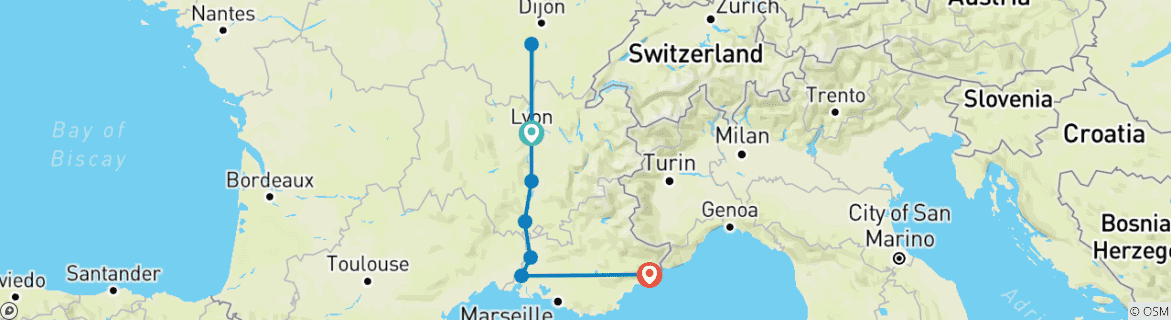 Image of a map showing the route of the tour