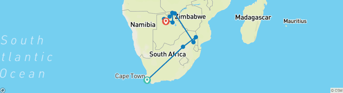 Image of a map showing the route of the tour