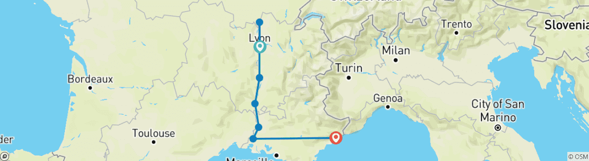 Image of a map showing the route of the tour