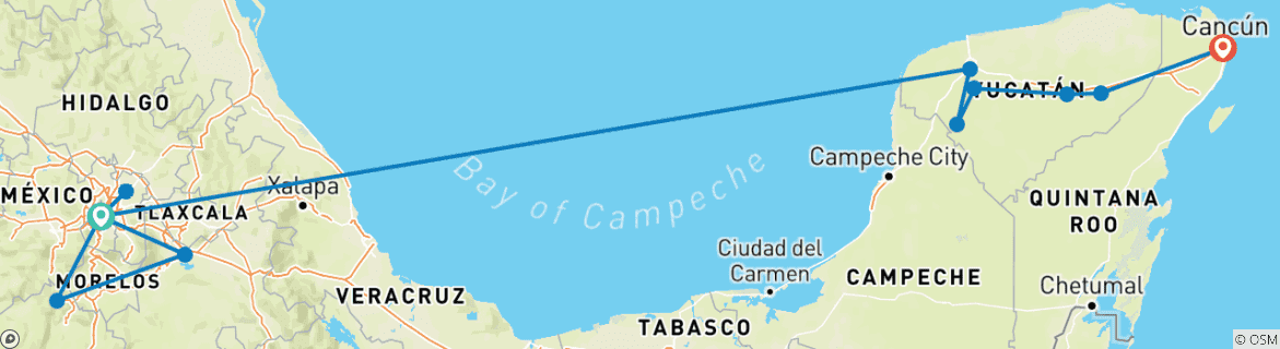 Image of a map showing the route of the tour