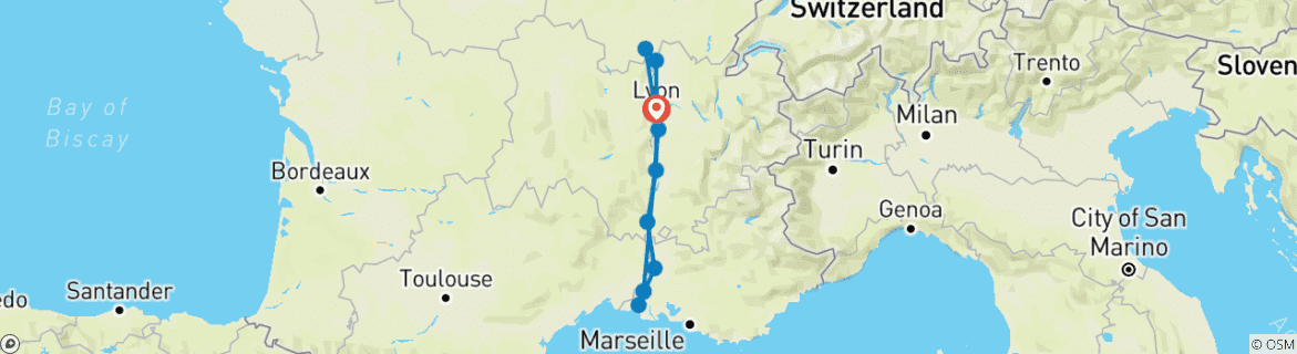 Image of a map showing the route of the tour