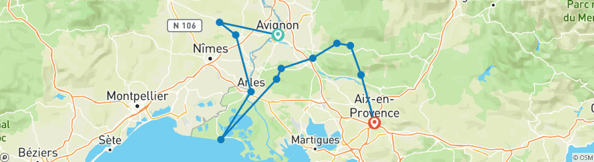 Image of a map showing the route of the tour