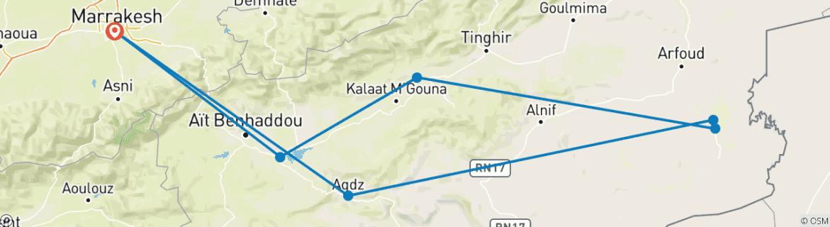Image of a map showing the route of the tour