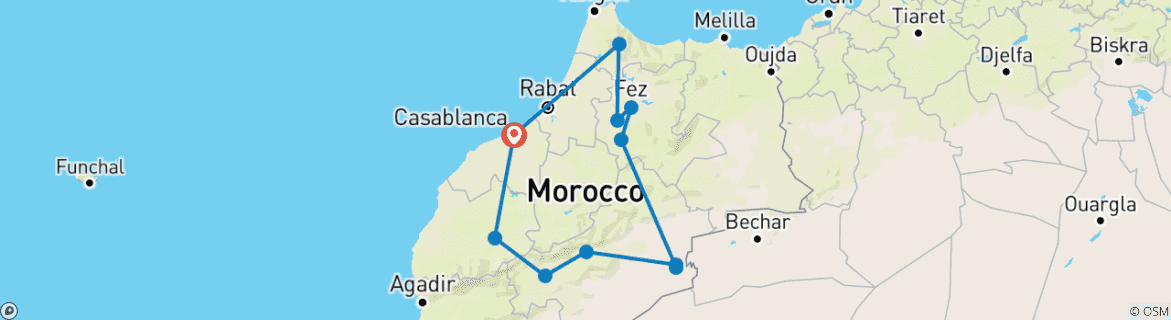 Image of a map showing the route of the tour