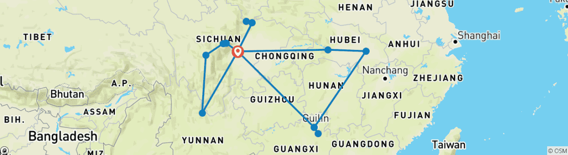 Image of a map showing the route of the tour