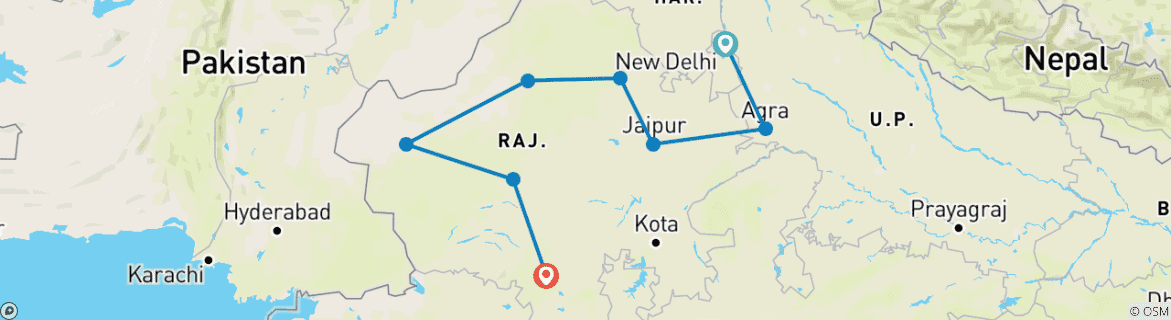 Image of a map showing the route of the tour