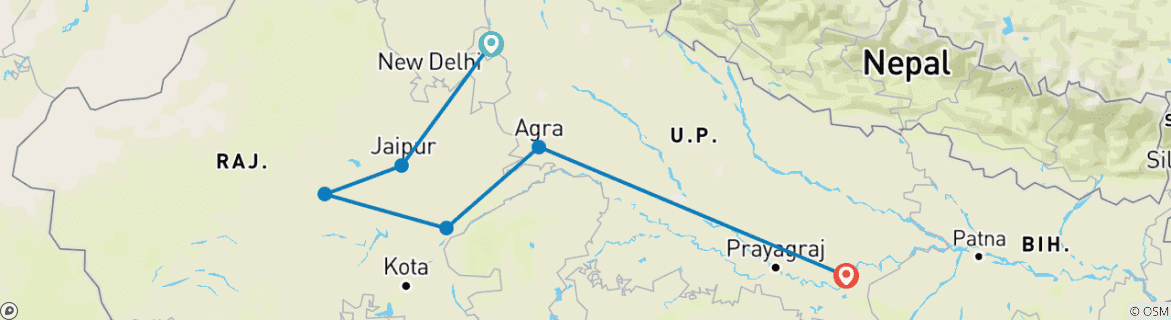 Image of a map showing the route of the tour