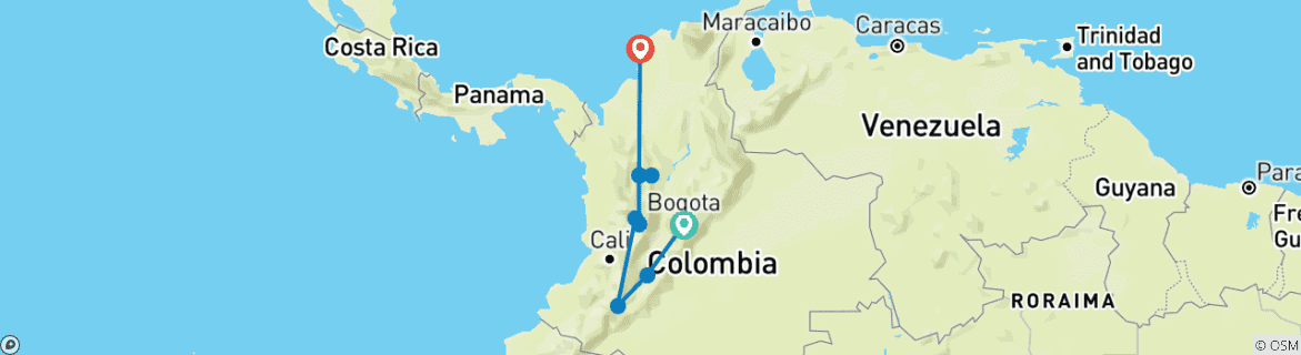 Image of a map showing the route of the tour
