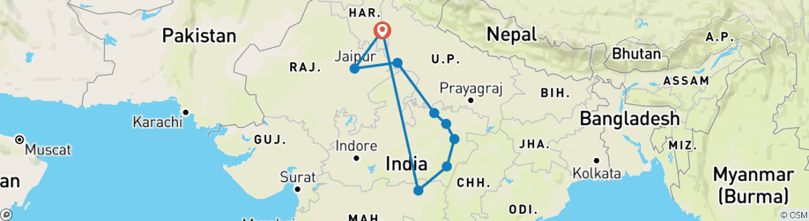 Image of a map showing the route of the tour