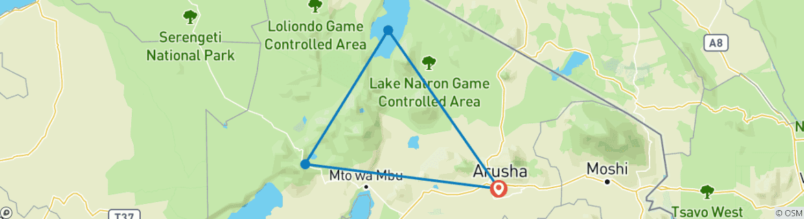 Image of a map showing the route of the tour