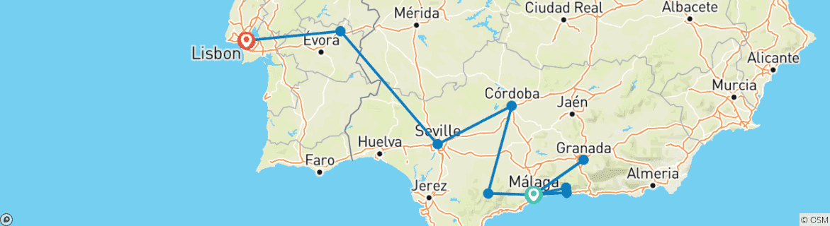 Image of a map showing the route of the tour