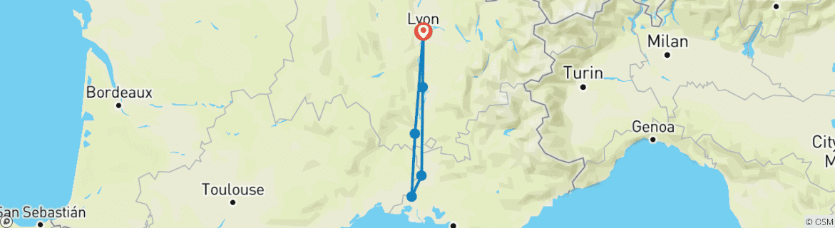 Image of a map showing the route of the tour