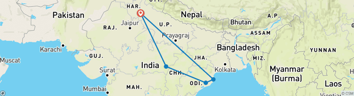 Image of a map showing the route of the tour